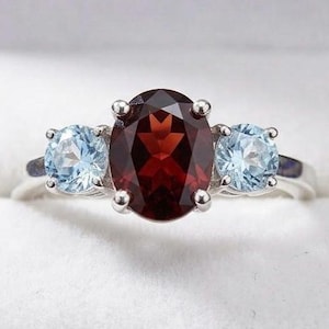 Handmade Oval Garnet Ring with Aquamarine, Sterling Silver