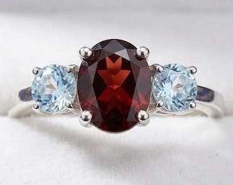 Handmade Oval Garnet Ring with Aquamarine, Sterling Silver