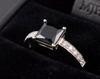 Square Black Tourmaline Ring, Sterling Silver Solitaire, Handmade