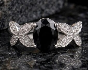 Black Tourmaline Engagement Ring, Nature Inspired Leaf Ring, Oval Gemstone Ring, Sterling Silver Ring, Unique Promise Ring for Women