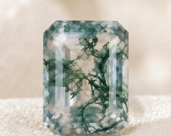 Natural Moss Agate Gemstone, Emerald Cut 8x10 mm, 3 Ct Gemstone for Ring, Genuine Green Dendritic Agate Step Cut for Engagement Ring