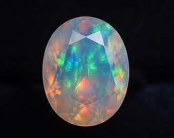 Natural Ethiopian White Opal, Faceted Oval, 2 Ct Rainbow Fire Loose Gemstone, Brilliant Cut Opal for Engagement Ring, Jewelry Making Supply