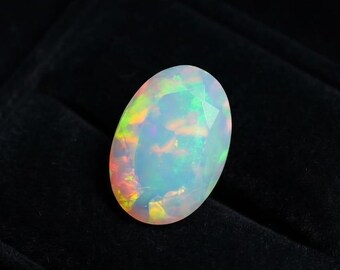 Natural Ethiopian Opal, Faceted Oval Cut 8x10 mm, Multi Fire Loose Gemstone for Ring, Genuine White Opal Faceted Stone for Jewelry Making