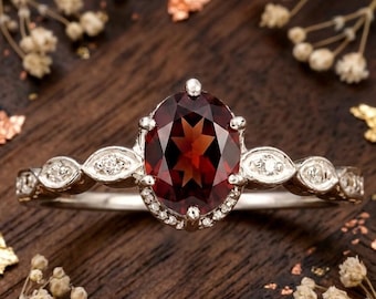 Garnet Halo Ring, Oval Red Gemstone Ring, Antique Inspired Jewelry, Sterling Silver Statement Ring, January Birthstone Gift