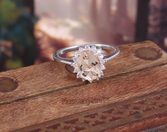 Natural Morganite ring, Vintage Morganite Ring, Engagement Ring, Oval Morganite Ring, Halo Ring, Promise Ring, Everyday Ring, Gift for Her