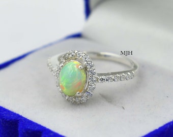 Handmade Opal Halo Ring, Sterling Silver, Anniversary Gift