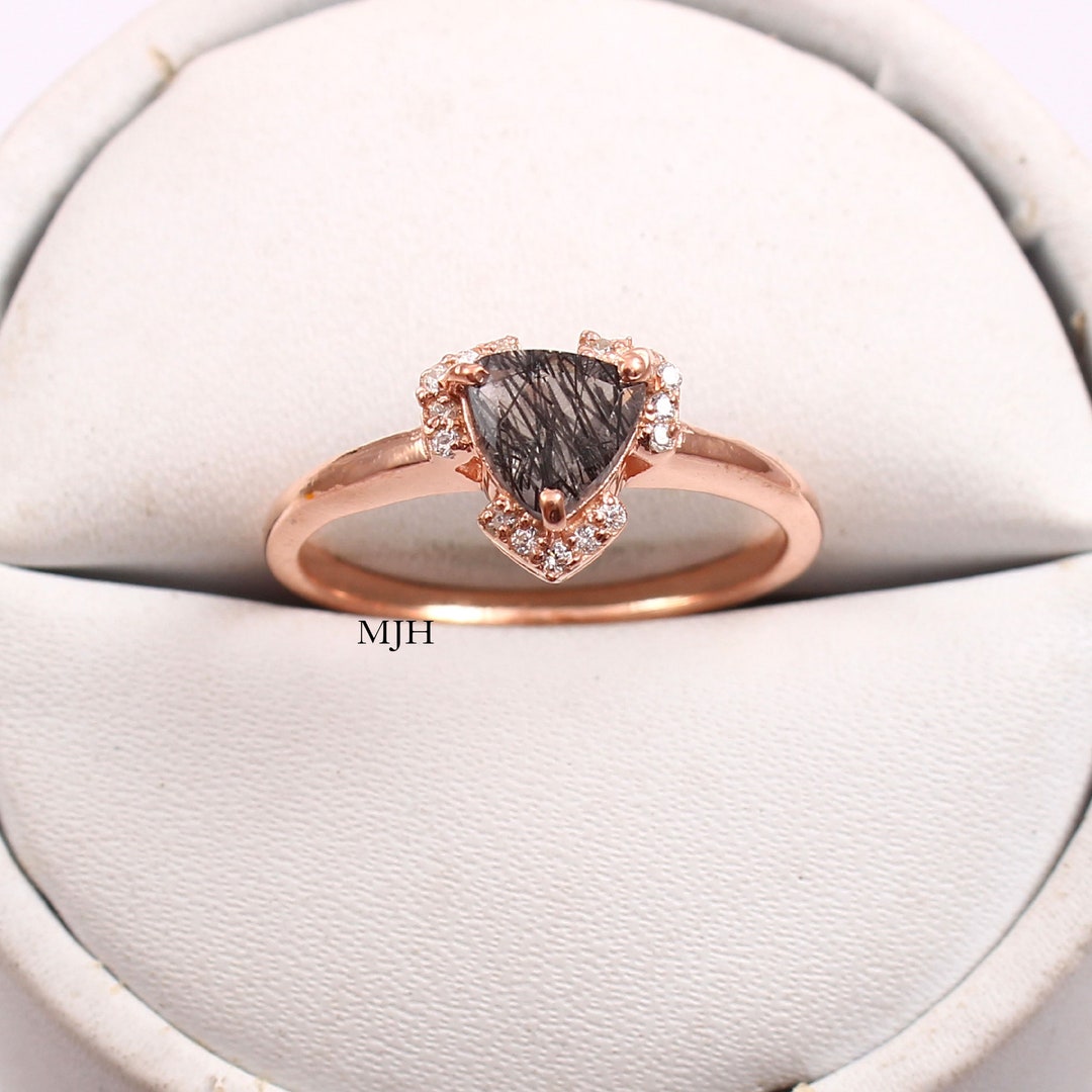 Trillian Rings Handmade Trillian Black Rutilated Quartz Ring, Rose Gold Halo, Vintage ...