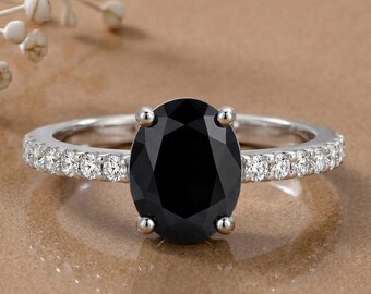 Black Tourmaline Solitaire Ring, Vintage Inspired Engagement Ring, Statement Gemstone Ring, Sterling Silver Jewelry Gift for Her