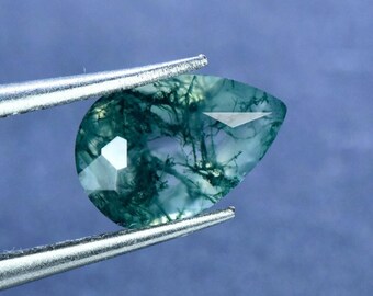 Natural Moss Agate Pear Gemstone, 3 Ct Faceted Loose Gemstone for Ring, Genuine Green Dendritic Agate Teardrop for Engagement Ring