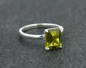 Peridot Ring, Natural Peridot Ring, Engagement Ring, Wedding Ring, Halo Ring, Peridot Jewelry Ring, Christmas Gift Ring, Octagon Cut Ring