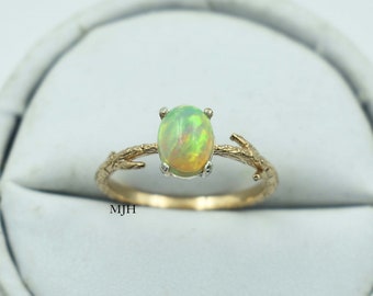 Handmade Oval Green Opal Ring, Sterling Silver Branch Design