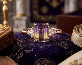 Natural Ametrine Silver Ring, Classic Emerald Cut Bicolor Stone, Solid 925 Sterling Silver, Unique Amethyst Citrine Blend, Handmade Ring