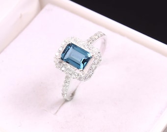 London Topaz Ring, London Blue Topaz Ring, Octagon Ring, Promise Ring, High Quality Stone, December Birthstone, Halo Ring, Engagement Ring,
