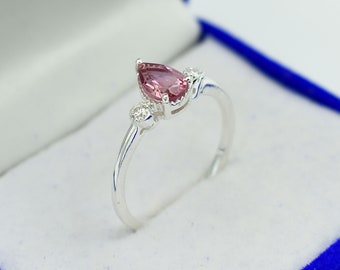 Tourmaline Pear Ring, Natural Pink ,Tourmaline Ring, Engagement Ring, Halo Ring, Wedding ring, Womens Ring, February Birthstone Promise Ring