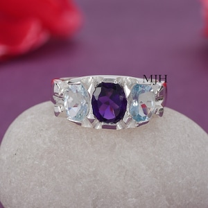 Aquamarine Amethyst Ring, Three Stone Ring, Unique Ring, Engagement Ring, Halo Ring, Promise Ring, Womens Ring. Gift For Womens