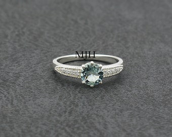 Handmade Aquamarine Ring, Sterling Silver, Round Cut Gemstone, Dainty Stacking Band