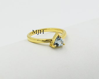 Handmade Pear Cut Aquamarine Sterling Silver Ring, Dainty Stacking Jewelry