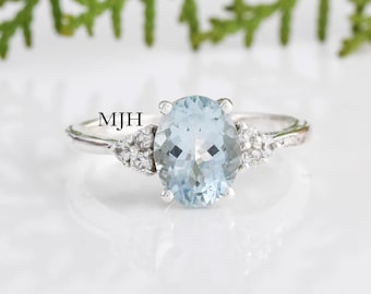 Natural Aquamarine Oval Ring, Sterling Silver March Birthstone, Dainty Stacking Jewelry