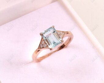Handmade Octagon Aquamarine Ring, Sterling Silver, Rose Gold Finish, Dainty Stacking Ring