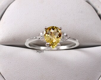 Handmade Heliodor Halo Ring, Sterling Silver Pear Engagement Ring