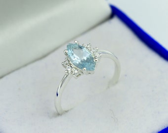 Aquamarine Ring, Natural Blue Aquamarine Ring, Marquise Ring, Engagement Ring, Wedding Ring, 925 Stearling Silver Ring, Gift For Her,