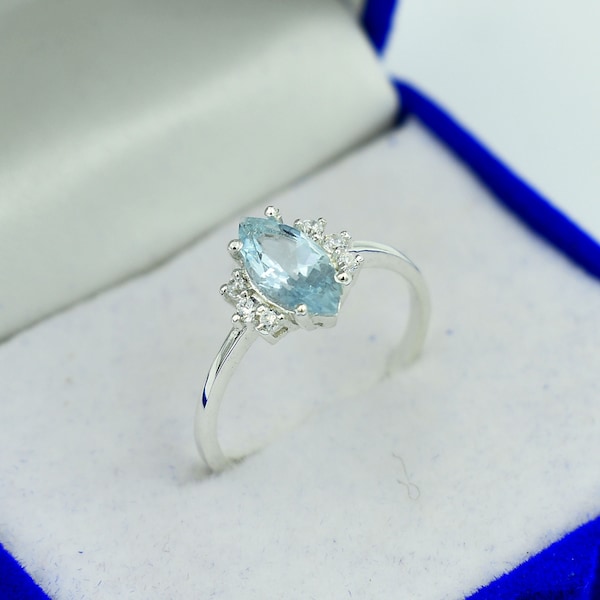 Bague aigue-marine, bague aigue-marine bleue naturelle, bague de marquise, bague de fiançailles, bague de mariage, bague en argent sterling 925, cadeau pour elle,