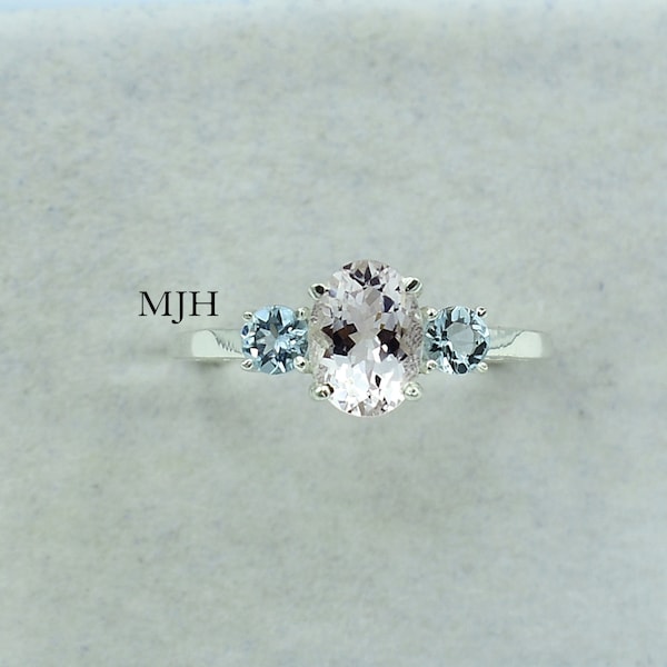 Morganite silver ring,  Aquamarine Round, Two Stone Ring, Natural Morganite Ring, Engagement Ring, Pink Morganite Ring, Halo Promise Ring,