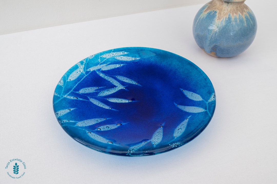Blue Glass Bowl, Poets Laurel Leaf Bowl, Round Dish, Fused Glass Bowl