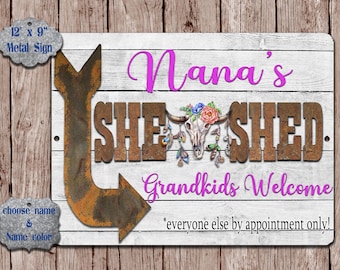 SHE SHED Sign for Grandma Nana Mimi Grammy Hippie Peace Vintage Truck Boho Cow Skull - Customize your own!! 8 x 12 metal