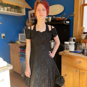 1990’s Roberta Black Lace Off the Shoulder Mini Prom Dress with Tulle