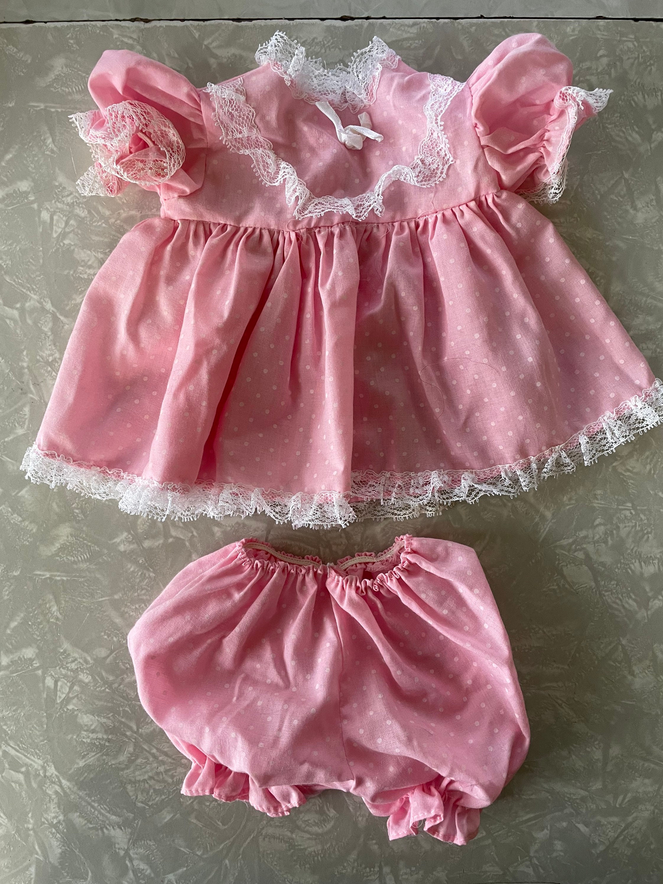 Vintage Pink Doll Dress and Knickers With White Polka Dots and Lace Trim 