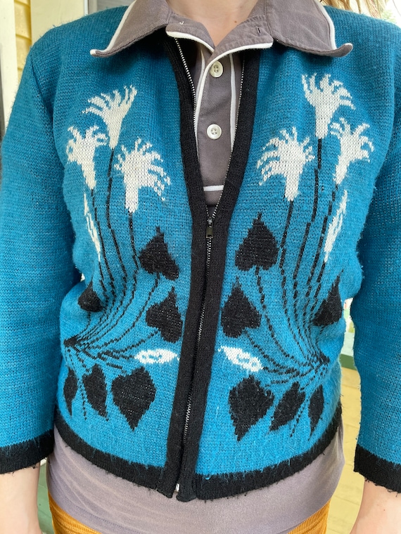 1960's Blue, Black and White Floral Zip up Acrylic Cardigan 1960's Blue, Black and White Floral Zip up Acrylic Cardigan