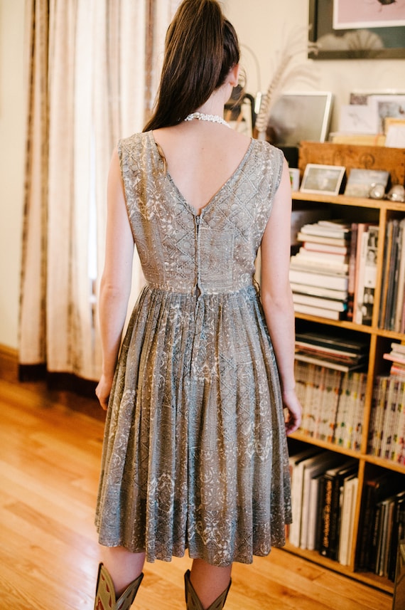 1950's Sage Green & Gold Knee Length Dress with Satin - Gem