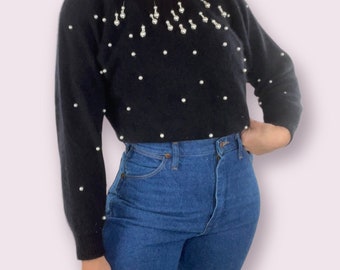 Vintage 80s Sweater Rafaella Small Black Angora Lambswool Pearl Tassel Sweater