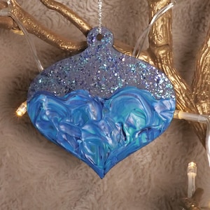 Handpainted Christmas Tree Decoration | Blue Textured Swirl Glitter Bauble