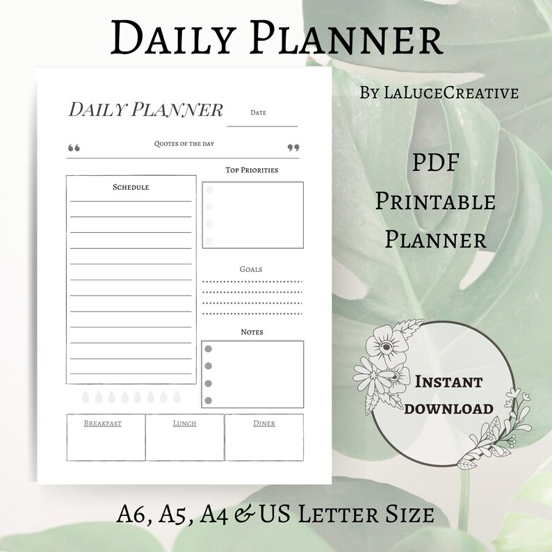 A5 Digital Download Daily Planner Template Printable Daily Planner Insert A6 A4 and US Letter Sizes. Plans Minimal Daily Planner