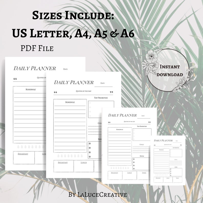 A5 Digital Download Daily Planner Template Printable Daily Planner Insert A6 A4 and US Letter Sizes. Plans Minimal Daily Planner