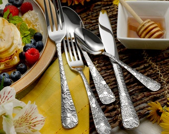 Honey Bee 65pc silverware set service for 12 includes serving set. Flatware Made in USA by Liberty Tabletop