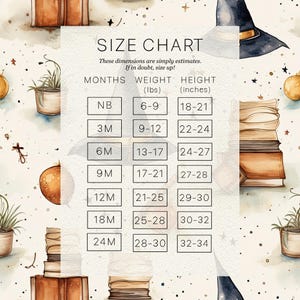 May include: A size chart for baby clothes, featuring measurements in inches and pounds. The chart includes sizes from newborn to 24 months, with corresponding weight and height ranges. The background has a watercolor design with pumpkins, books, and a witch hat.