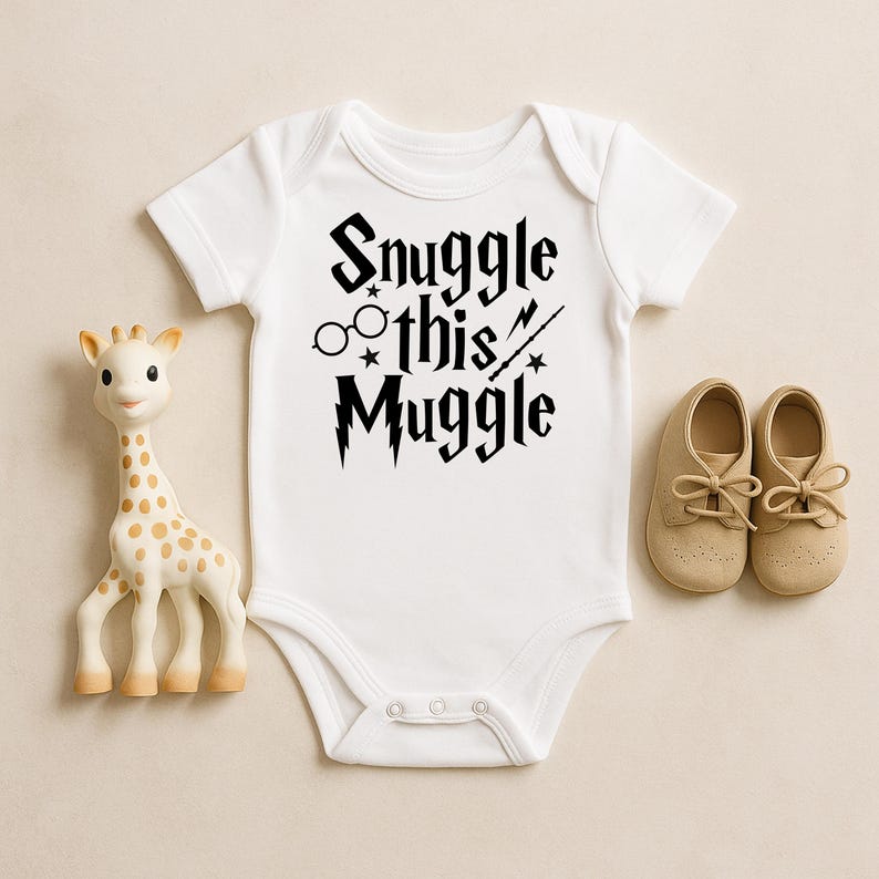 Puede incluir: Un body blanco para beb&eacute; con el texto "Snuggle this Muggle" en negro. Junto a &eacute;l, un juguete de jirafa beige y un par de zapatos de beb&eacute; beige.