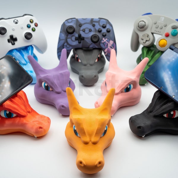 Glurak, Controller-Ständer, glänzender Pokémon-Handyhalter, 3D gedruckte Videospielfigur, Orange-Drachenschädel-Wohnkultur, Kinder-Schreibtischdekoration