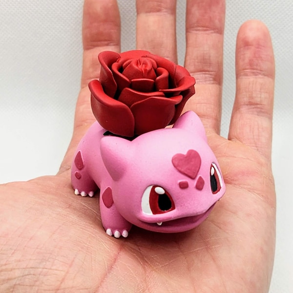 Custom Rose Bulbasaur, Handmade Shiny Pokémon Miniature, Painted Resin Figurine, Red, Blue and Yellow Gen 1 Games, Personalised Text Base