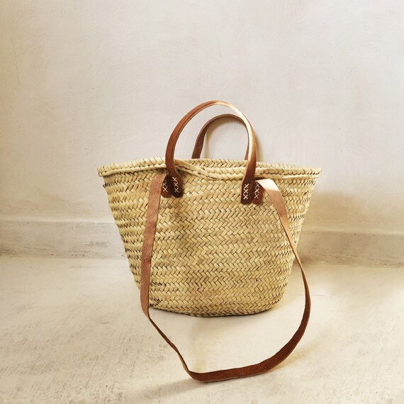 Handmade Moroccan Straw Basket, French Market Basket With Double Handles