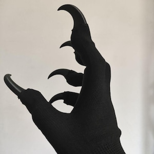 Può includere: Guanti neri con artigli curvi e appuntiti. I guanti sono realizzati in un tessuto scuro e strutturato, e gli artigli sono di un nero lucido. Il design dà l'aspetto di una mano di mostro.