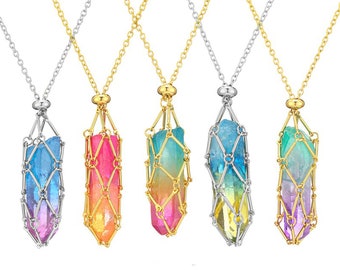 60cm / 24inch Zinc Alloy Stones Cage Holder Necklace with 1 Colorful Natural Crystal Cylindrical Stone ,you can change the stones easily