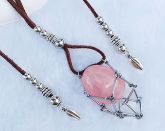 Posmia Design Leather Adjustable Size Necklace with Stone Cage Holder, for crystal stones, Quartz Raw Stone , Pendant necklace cord