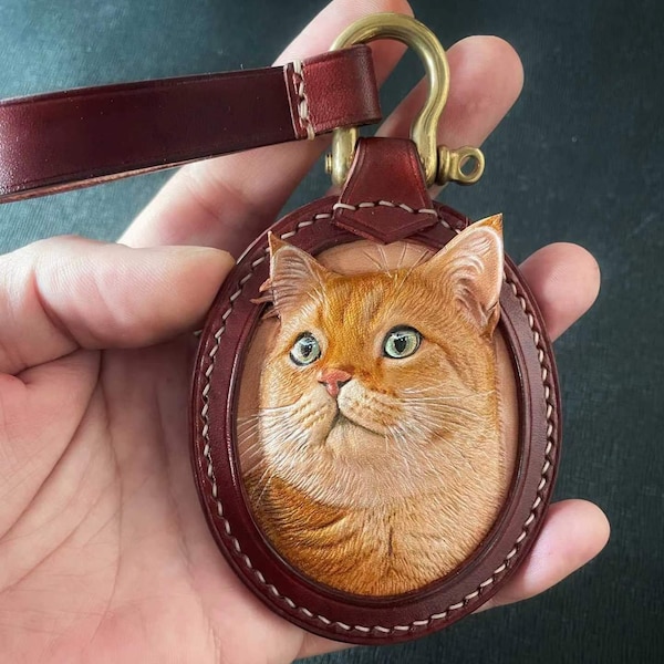 Made to Order - Oval Design 3D Leather Carving&Painting Pet Memorial Personalized Gift for Dog/Cat Pet Engraving Keychain /Bag Pendant