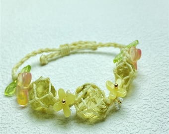 Bracciale porta pietra intrecciato regolabile stile fiore realizzato su ordinazione, bracciale in pietra grezza al quarzo giallo 3 naturale