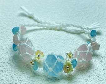 Op bestelling gemaakt-bloemstijl verstelbare gevlochten koordsteenhouderarmband, 3 roze en blauwe natuurkwarts ruwe stenen armband