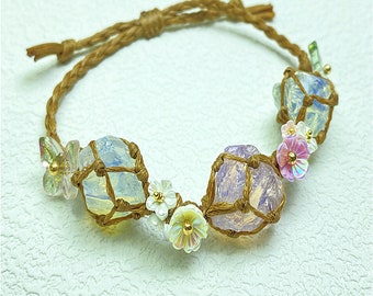 Op bestelling gemaakt-bloemstijl bruine kleur verstelbare gevlochten koordsteenhouderarmband, 3 natuurkwarts ruwe stenen armband
